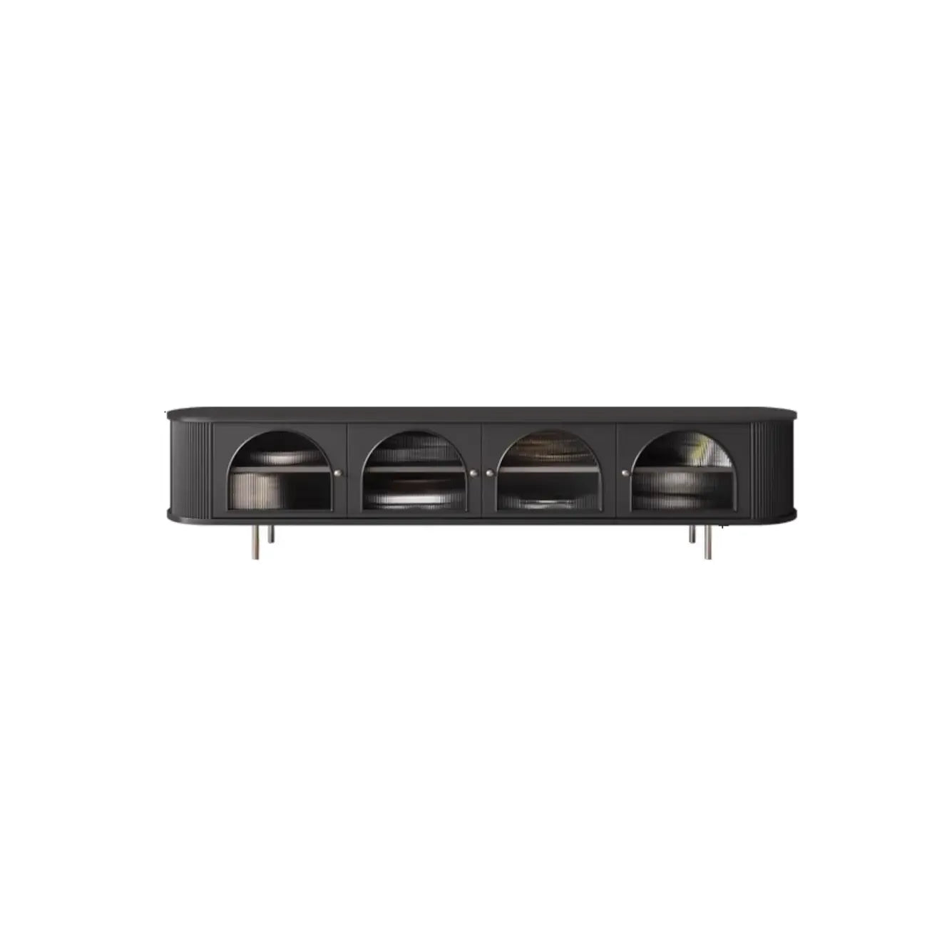 Long 2-Tier Wooden Black TV Stand with Glass Doors