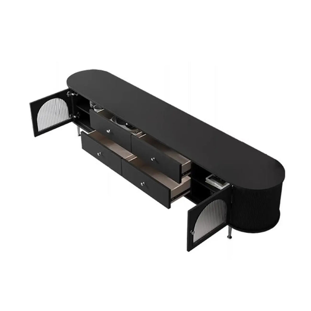 Long 2-Tier Wooden Black TV Stand with Glass Doors