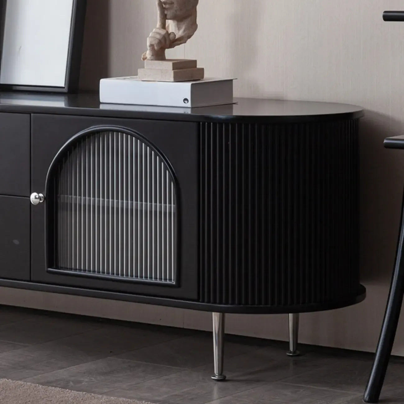 Long 2-Tier Wooden Black TV Stand with Glass Doors