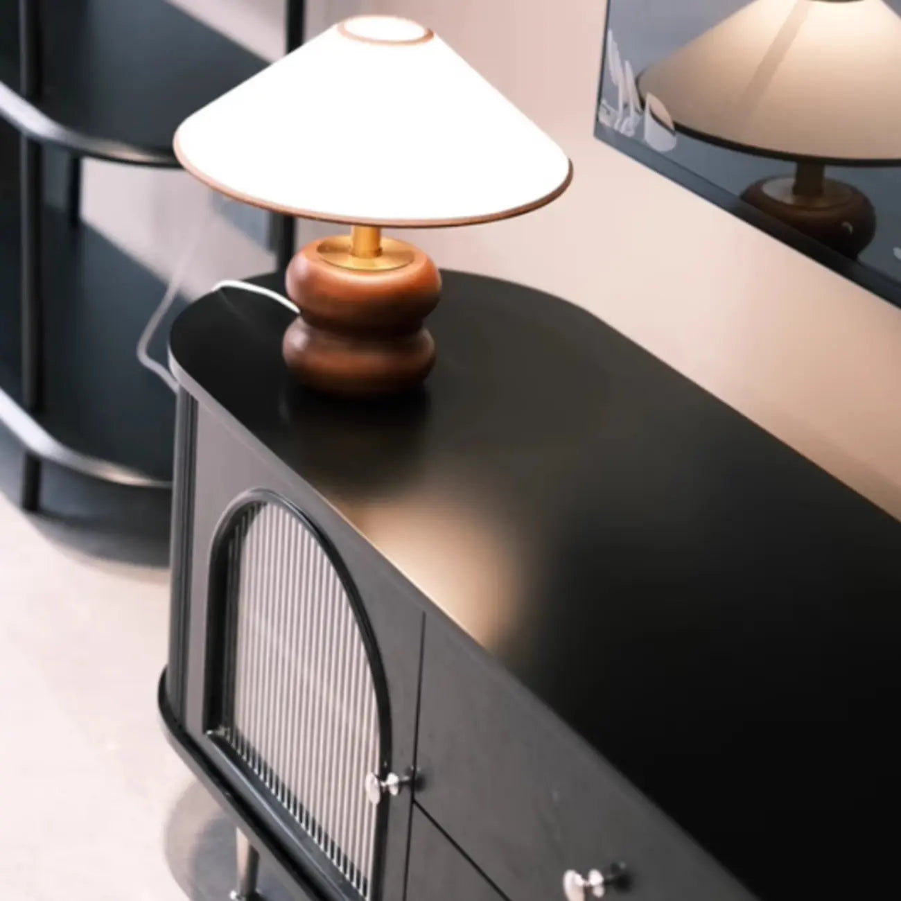 Long 2-Tier Wooden Black TV Stand with Glass Doors