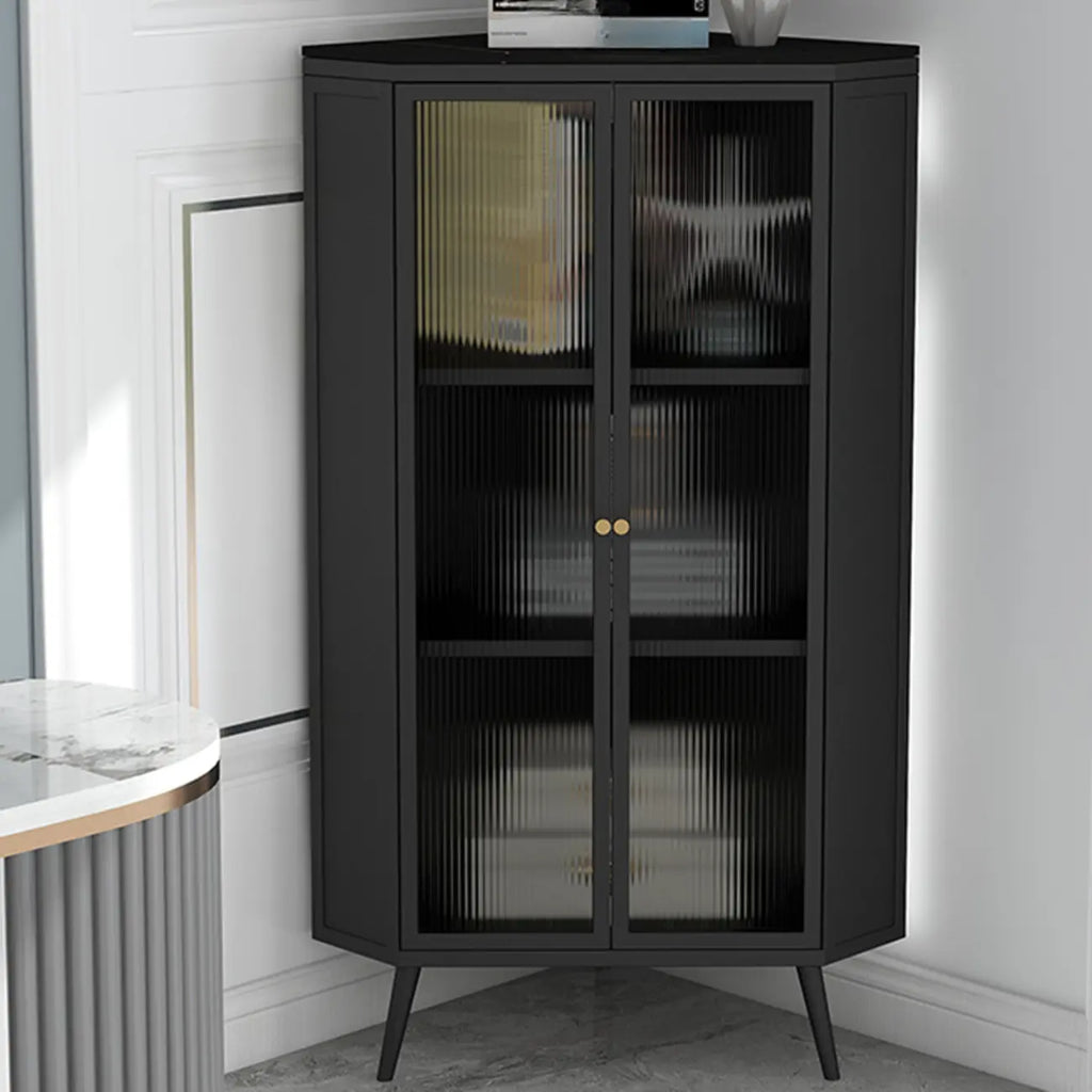 Modern Black Stone Top Corner Cabinet with Fluted Glass Door
