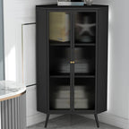 Modern Black Stone Top Corner Cabinet with Fluted Glass Door
