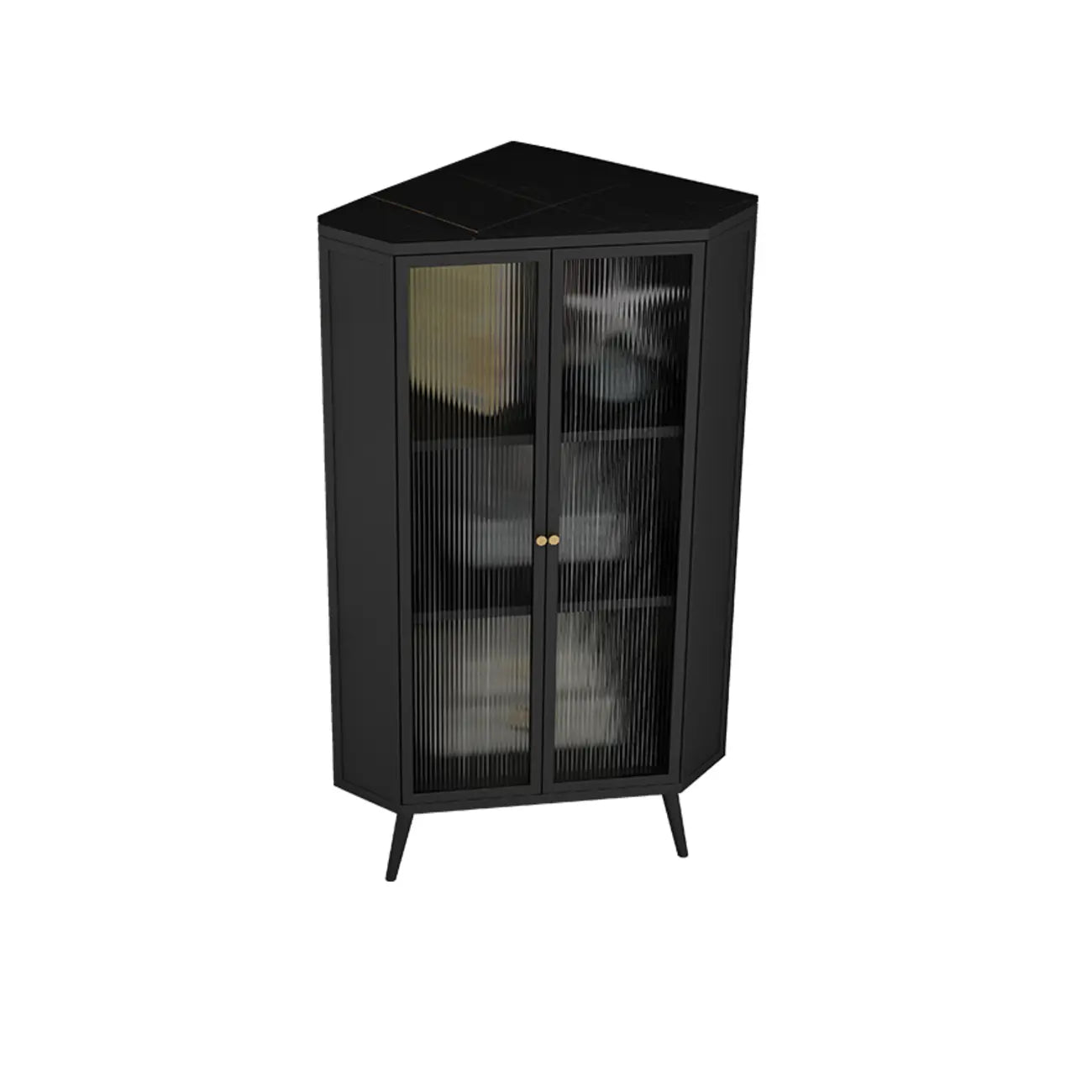 Modern Black Stone Top Corner Cabinet with Fluted Glass Door