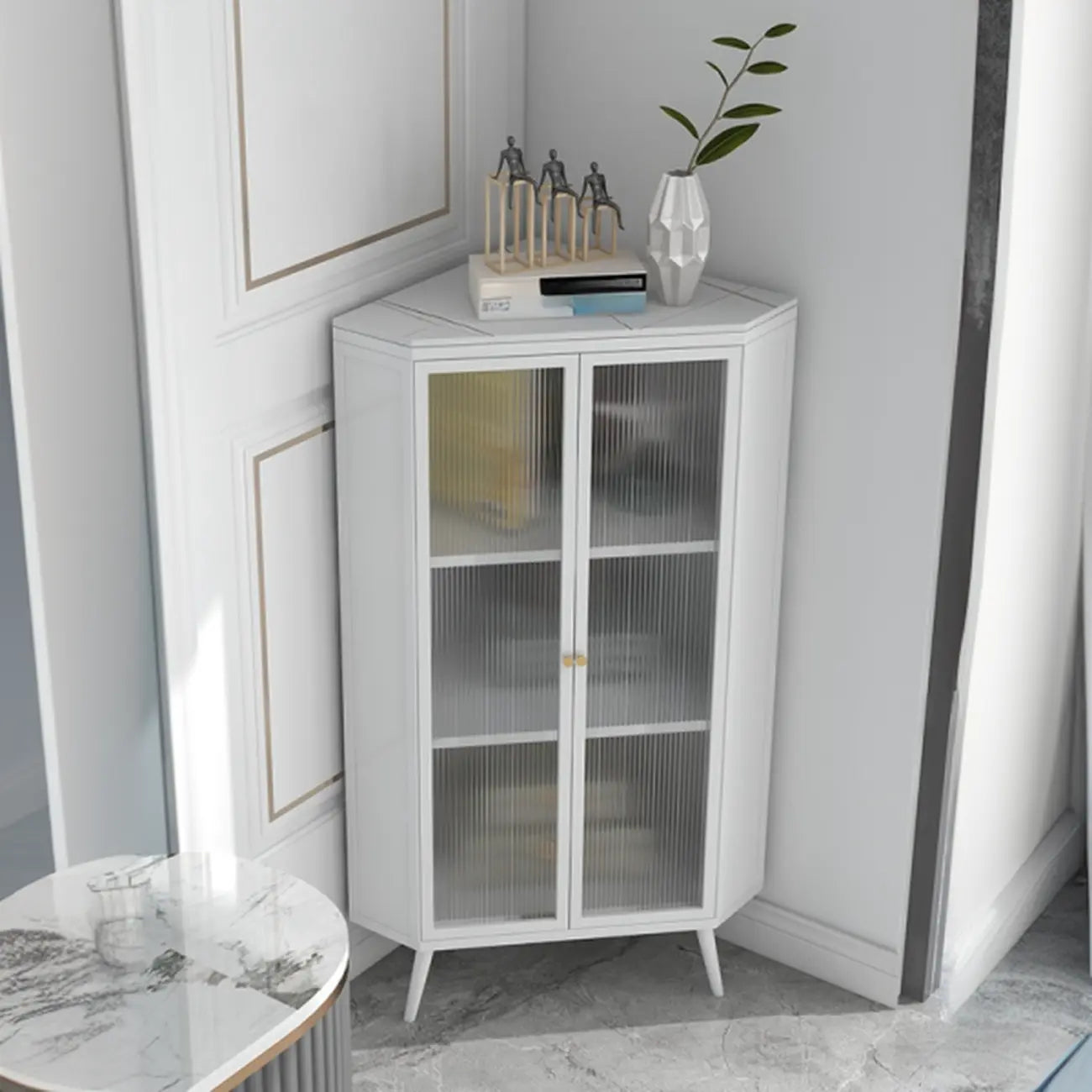 Modern Black Stone Top Corner Cabinet with Fluted Glass Door