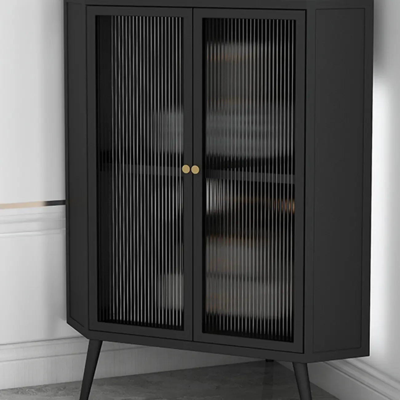 Modern Black Stone Top Corner Cabinet with Fluted Glass Door