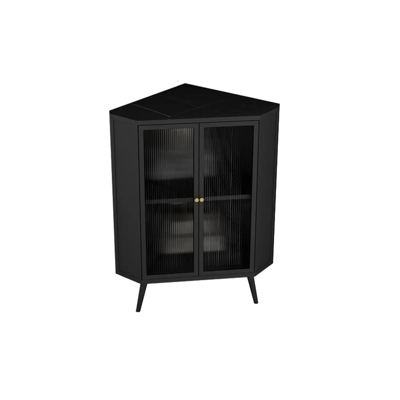 Modern Black Stone Top Corner Cabinet with Fluted Glass Door