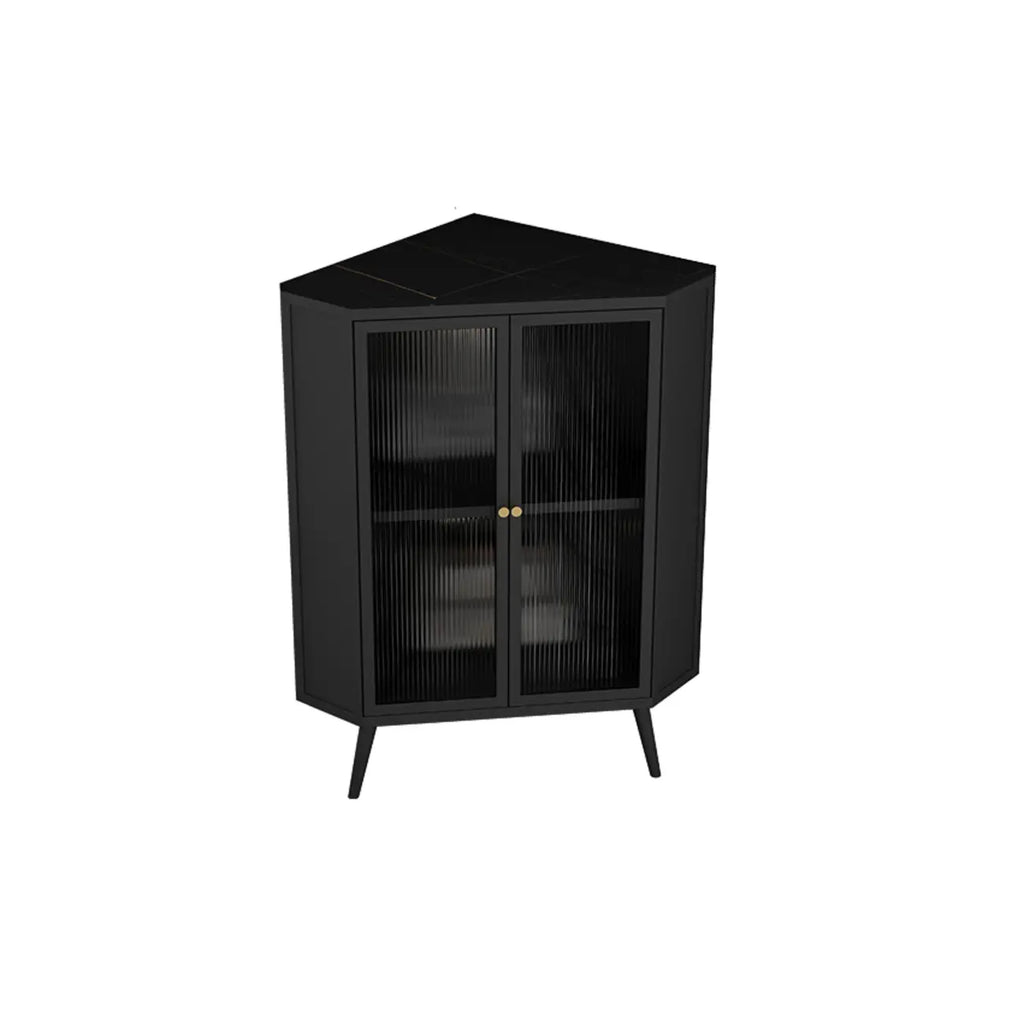 Modern Black Stone Top Corner Cabinet with Fluted Glass Door