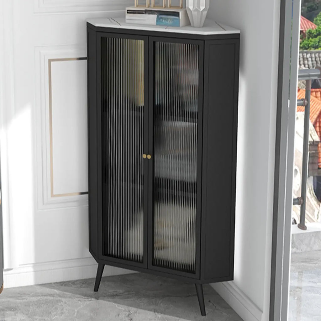 Modern Black Stone Top Corner Cabinet with Fluted Glass Door