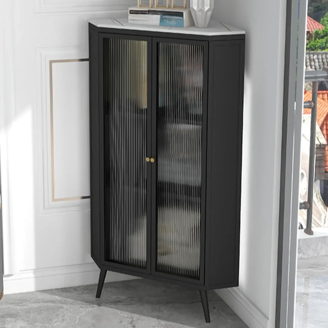 Modern Black Stone Top Corner Cabinet with Fluted Glass Door