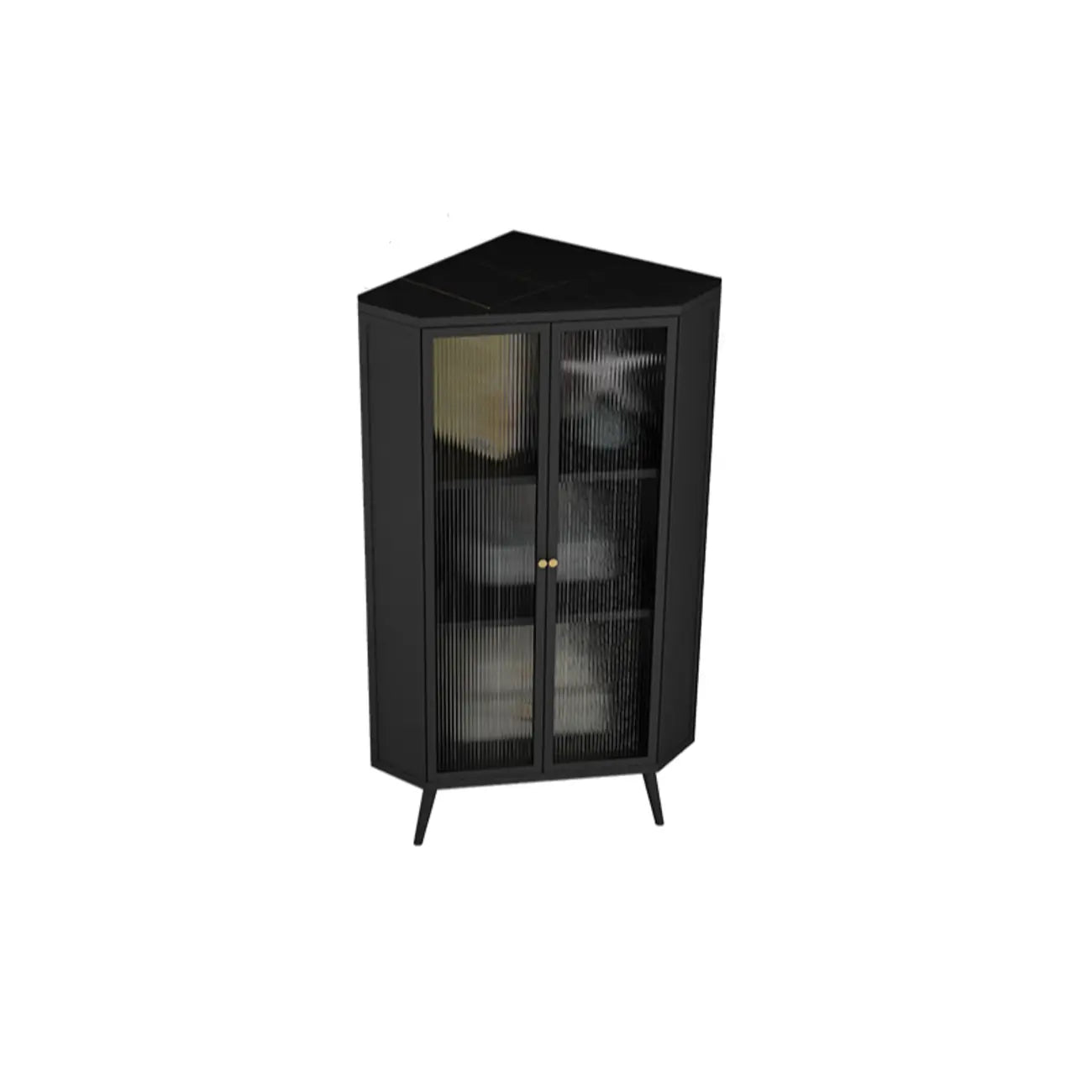 Modern Black Stone Top Corner Cabinet with Fluted Glass Door
