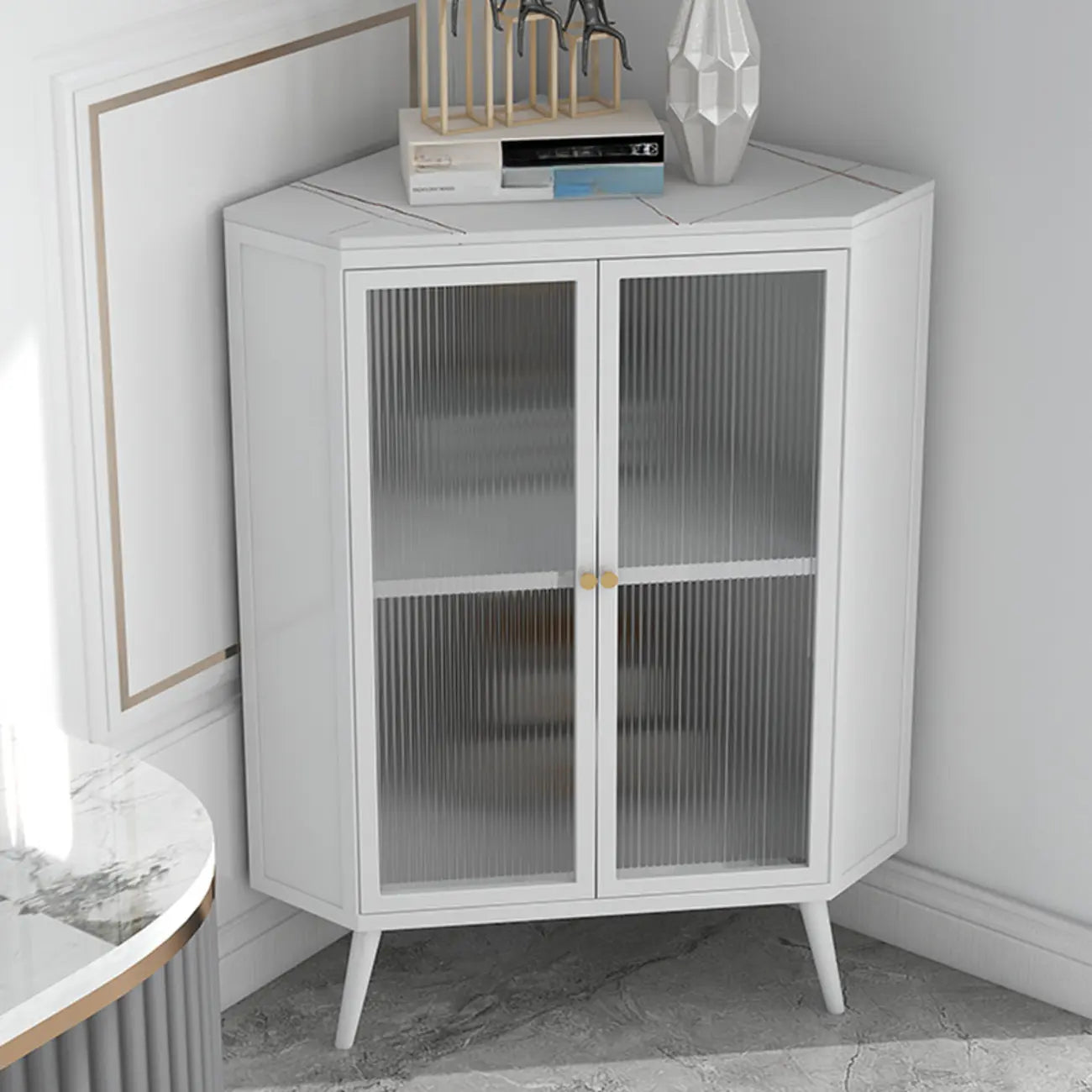 Modern Black Stone Top Corner Cabinet with Fluted Glass Door