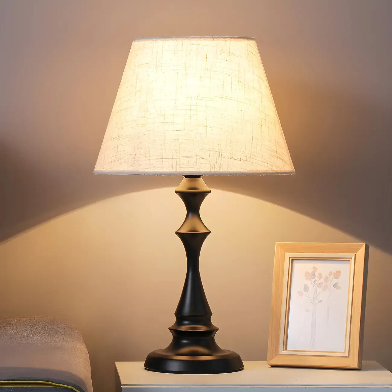 Vintage LED Table Lamp with Fabric Shade, Black Metal Base