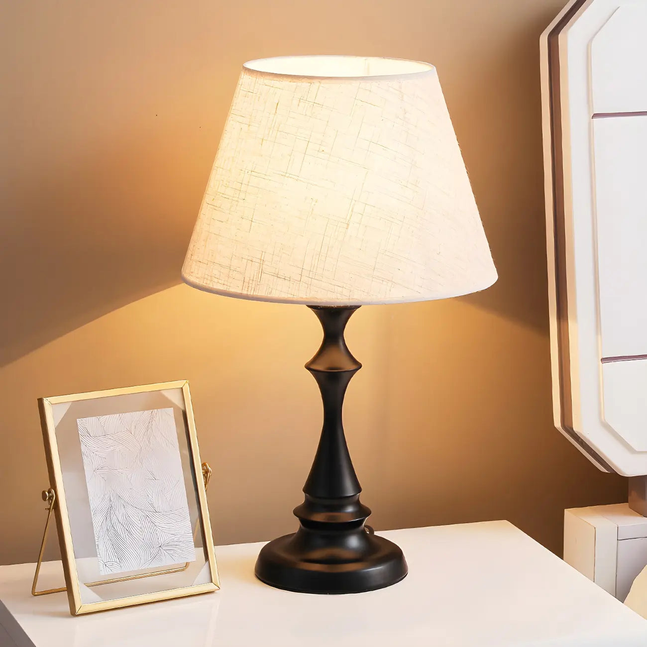 Vintage LED Table Lamp with Fabric Shade, Black Metal Base