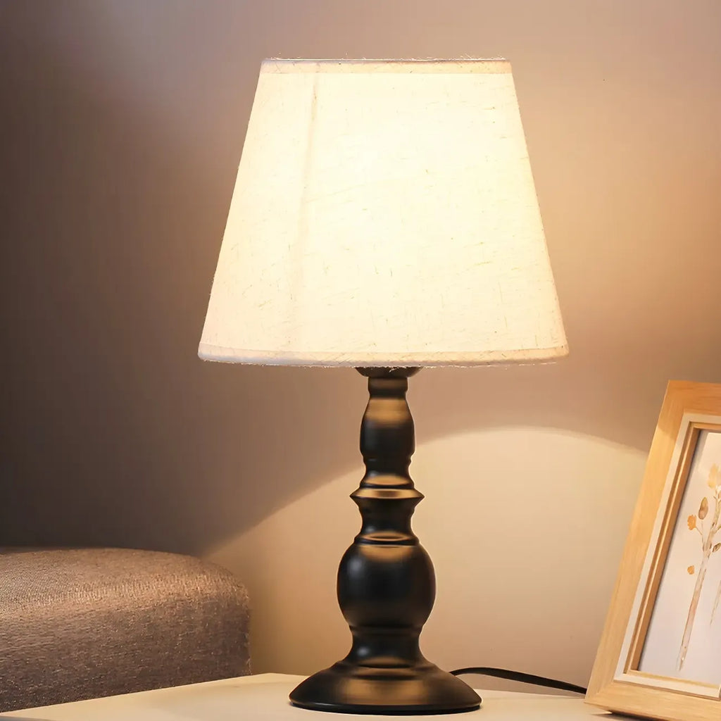 Vintage LED Table Lamp with Fabric Shade, Black Metal Base