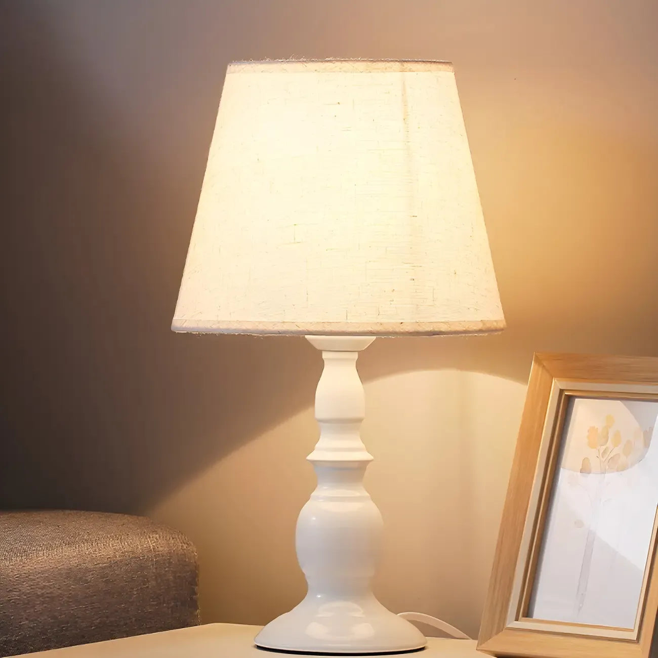 Vintage LED Table Lamp with Fabric Shade, Black Metal Base