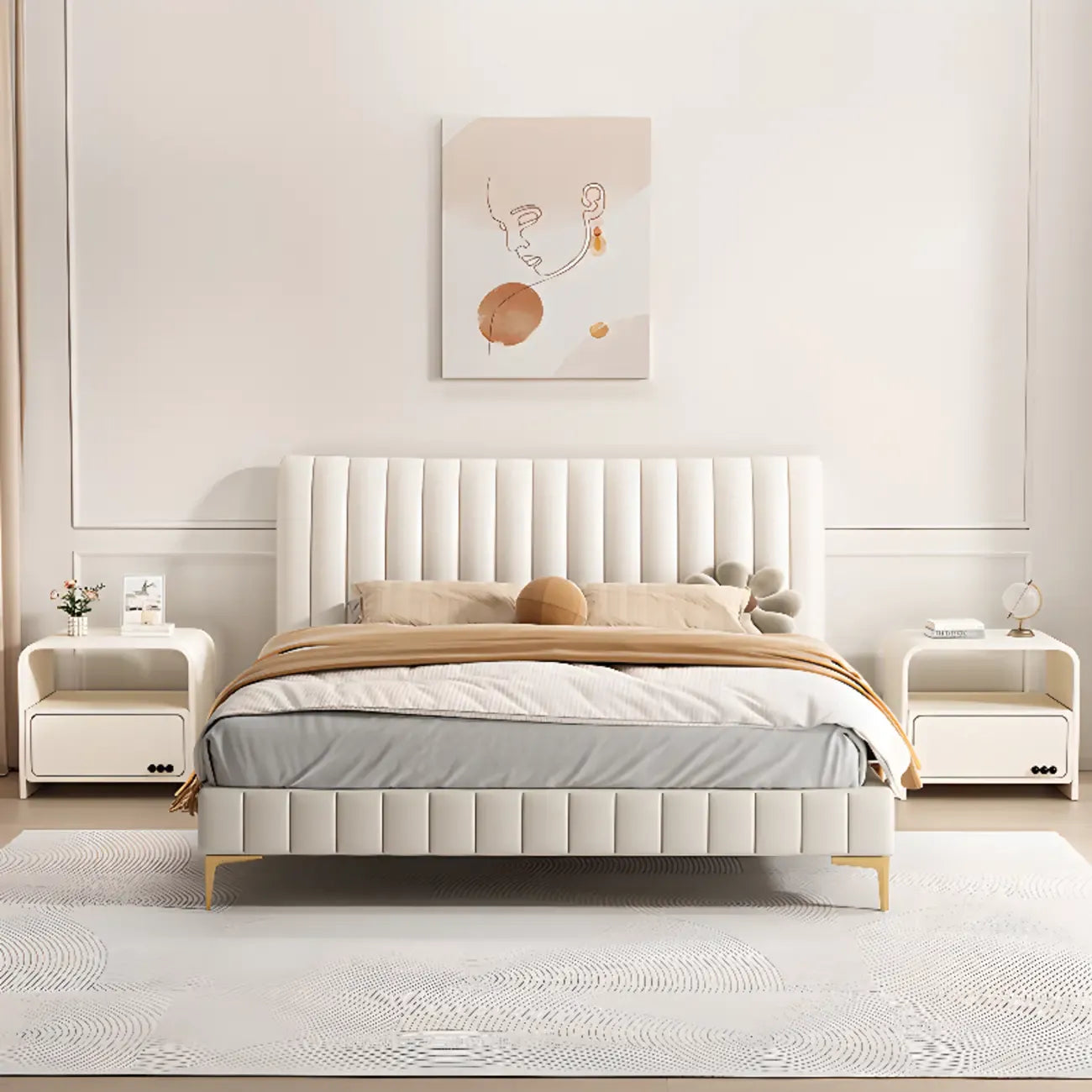 Elegant Modern White Faux Leather Wood Drawer Nightstand