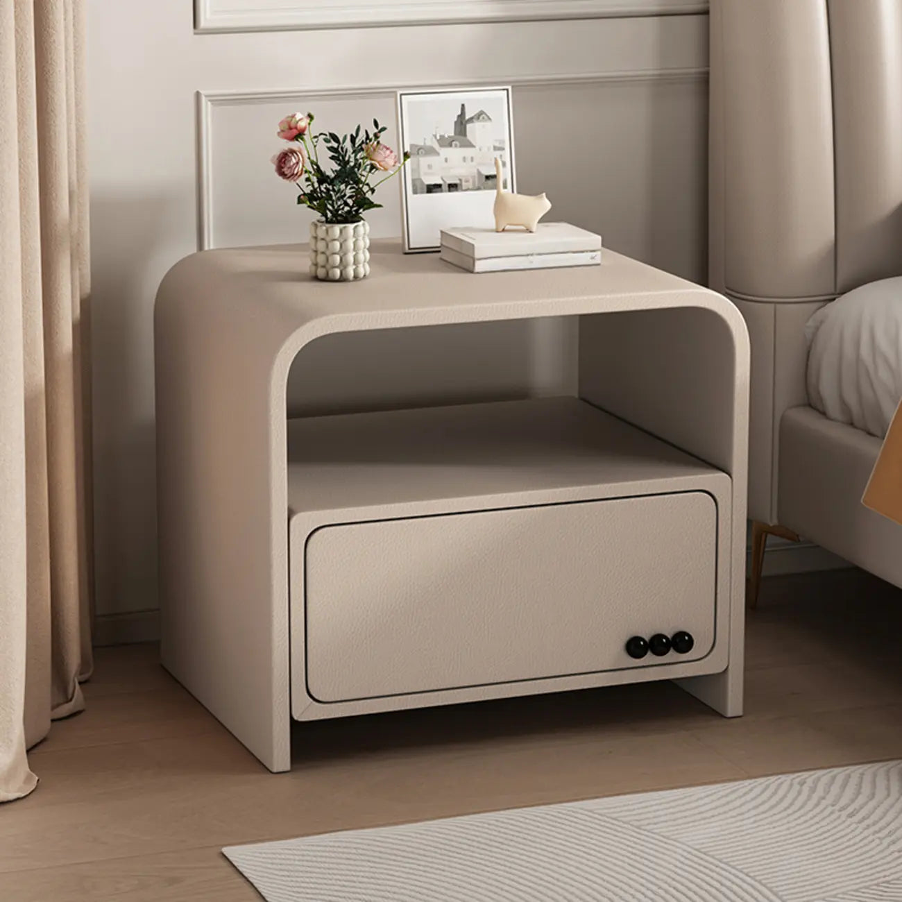 Elegant Modern White Faux Leather Wood Drawer Nightstand