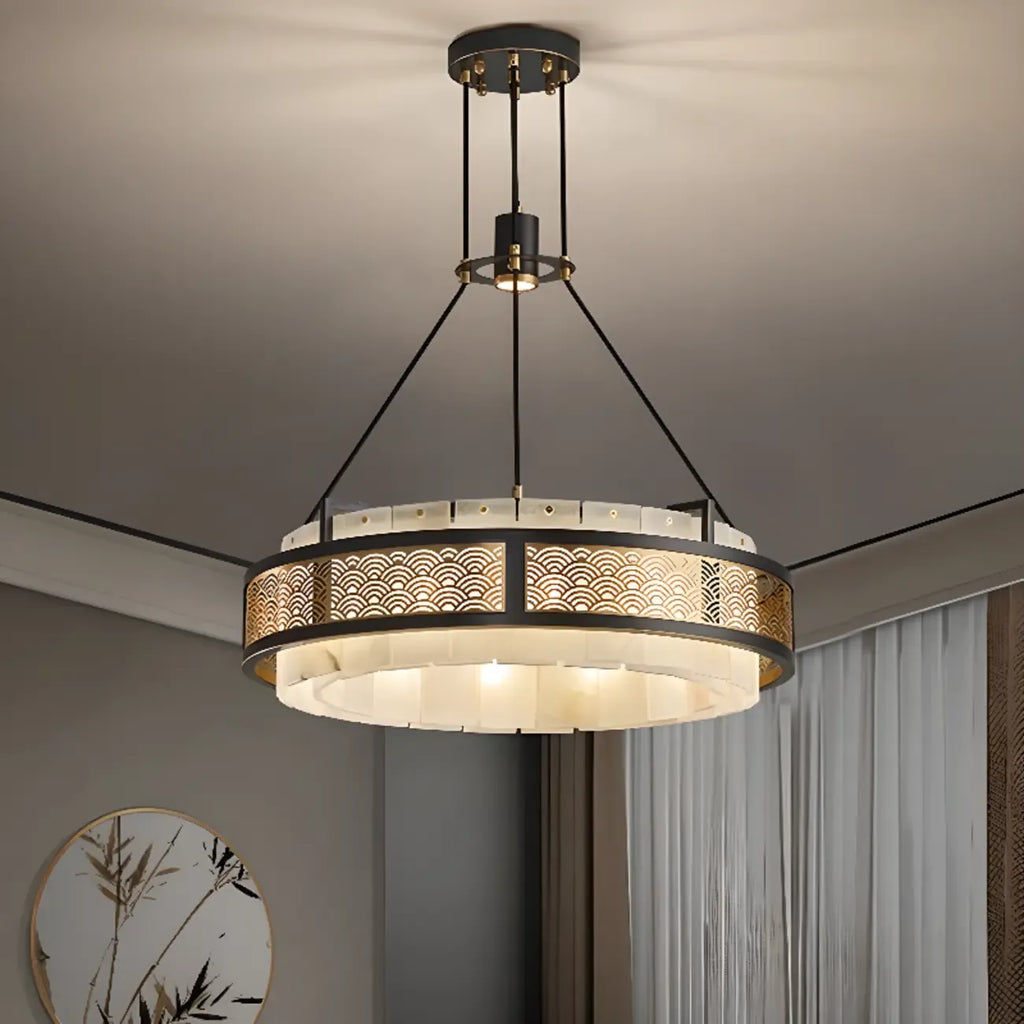 Black Metal Circle Stone Shade Modern Pendant Chandelier