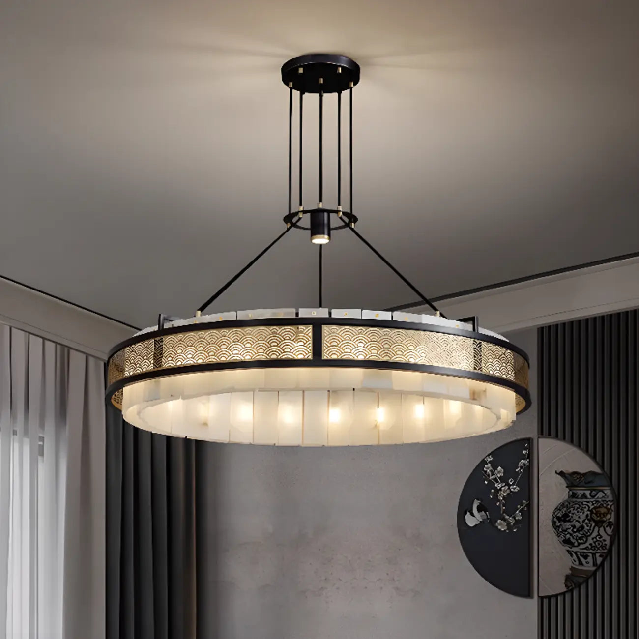 Black Metal Circle Stone Shade Modern Pendant Chandelier