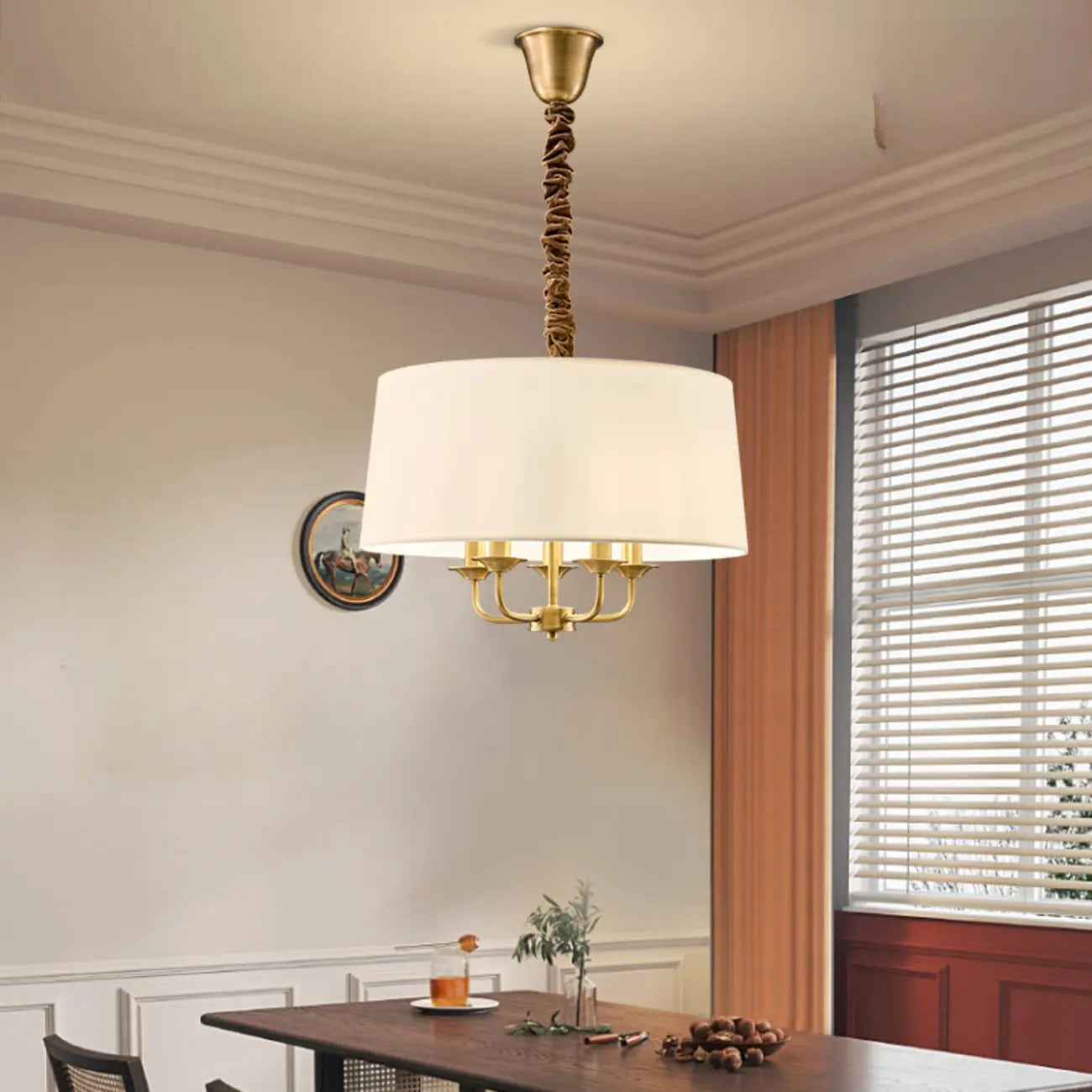 Minimalist Gold Drum Fabric Chandelier with Adjustable Height