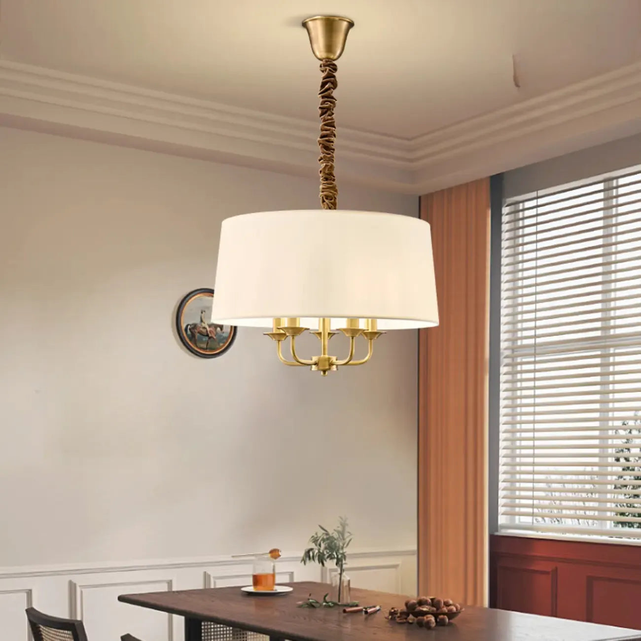 Minimalist Gold Drum Fabric Chandelier with Adjustable Height