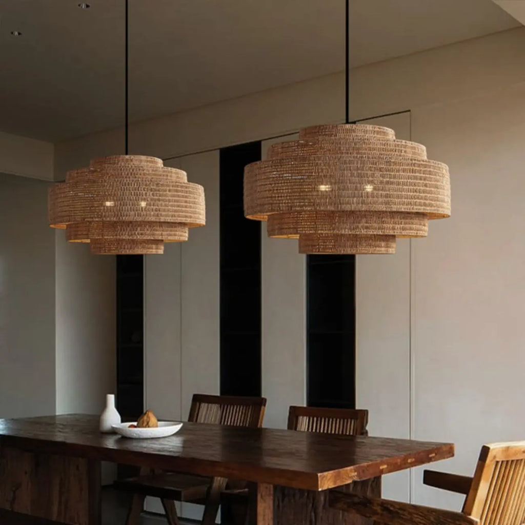 Wabi-Sabi Style Brown Tiered Rattan Pendant Light for Dining Room