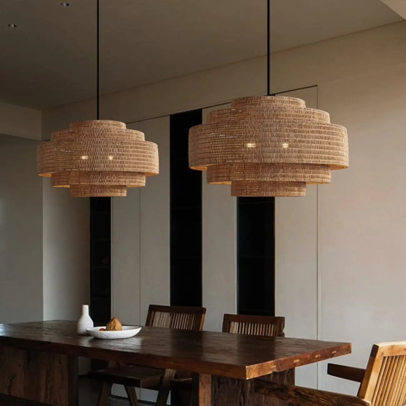 Wabi-Sabi Style Brown Tiered Rattan Pendant Light for Dining Room