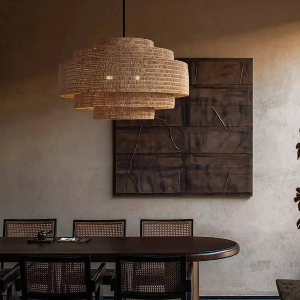 Wabi-Sabi Style Brown Tiered Rattan Pendant Light for Dining Room