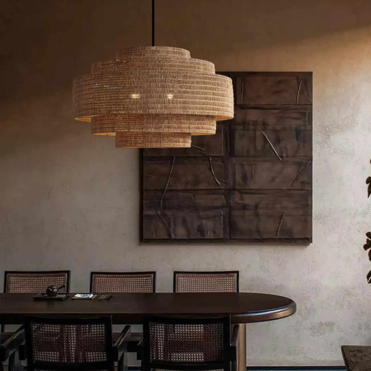 Wabi-Sabi Style Brown Tiered Rattan Pendant Light for Dining Room