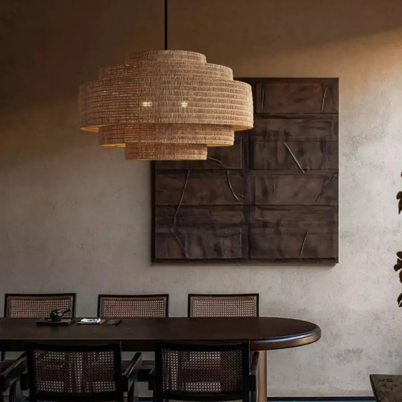 Wabi-Sabi Style Brown Tiered Rattan Pendant Light for Dining Room