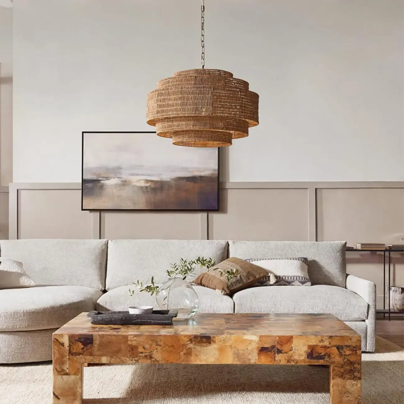 Wabi-Sabi Style Brown Tiered Rattan Pendant Light for Dining Room