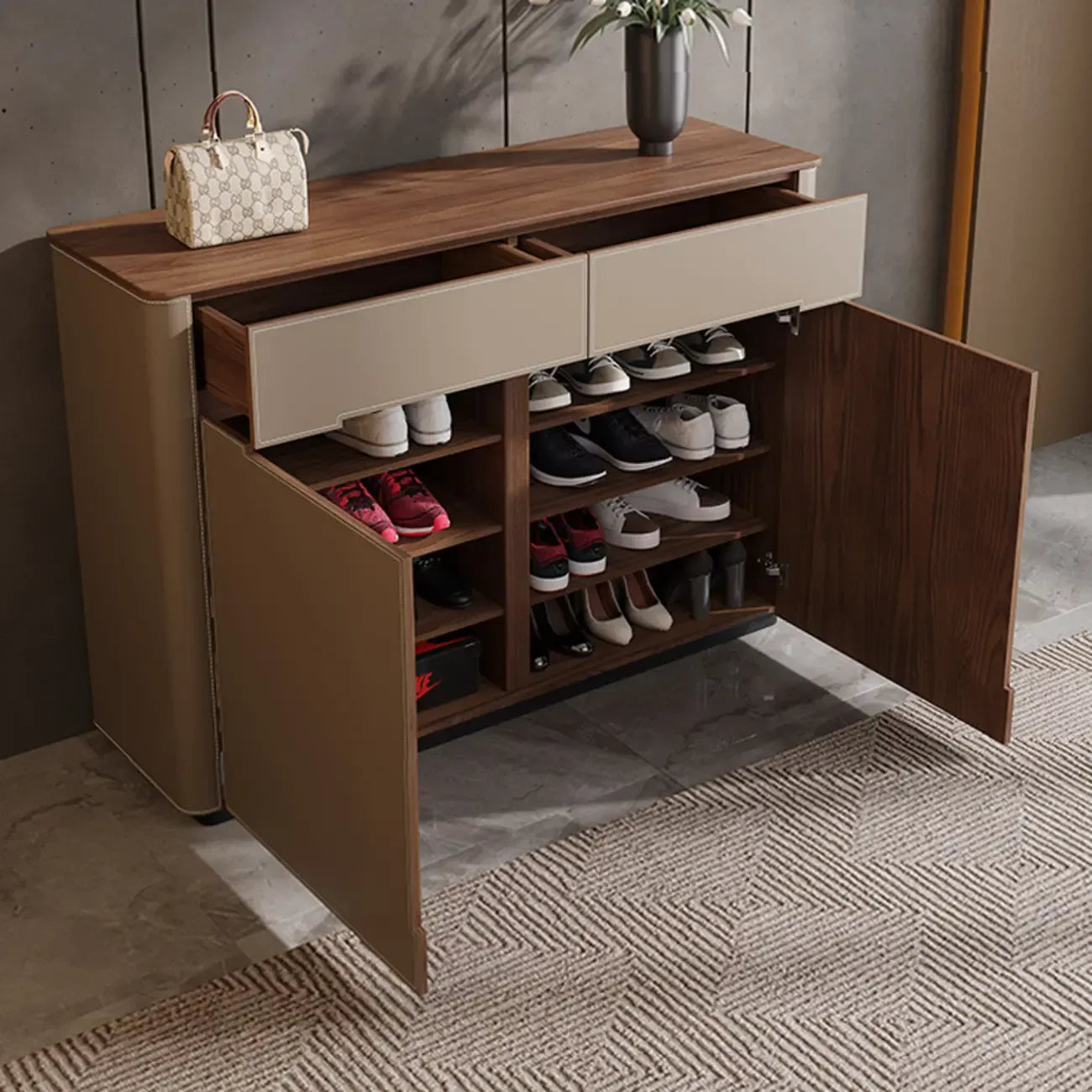 Trendy Wood Tan Entryway Shoe Cabinet with Drawers
