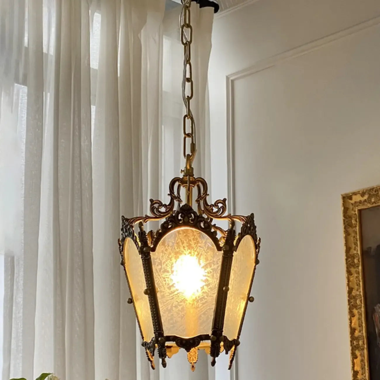 Gothic Gold Metal Frosted Glass Pendant Light for Corridor