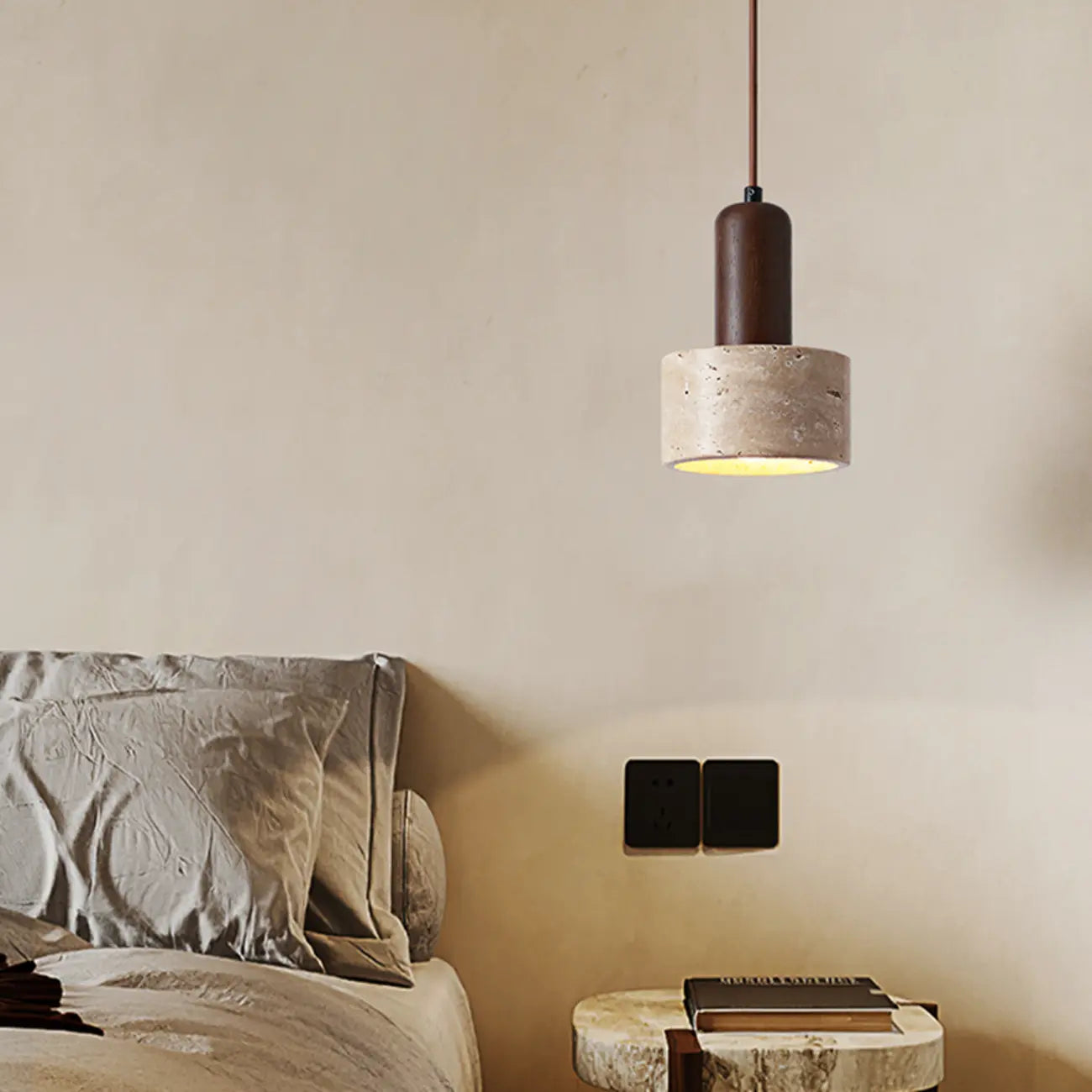 Cylinder Wood Stone Rope Bedside Pendant Light