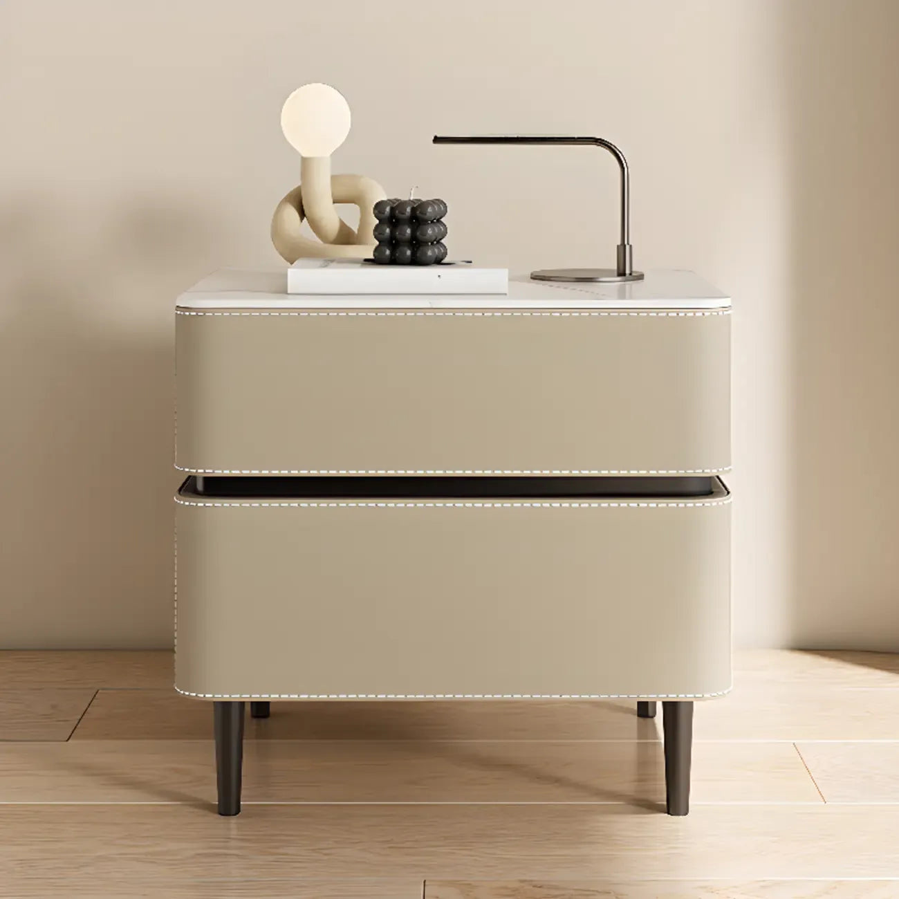 Modern Faux Marble Top Leather Rounded 2-Drawer Nightstand