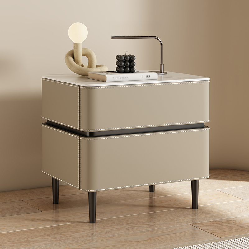 Modern Faux Marble Top Leather Rounded 2-Drawer Nightstand