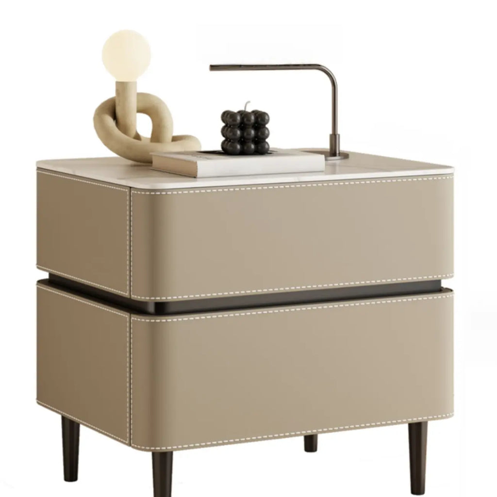 Modern Faux Marble Top Leather Rounded 2-Drawer Nightstand