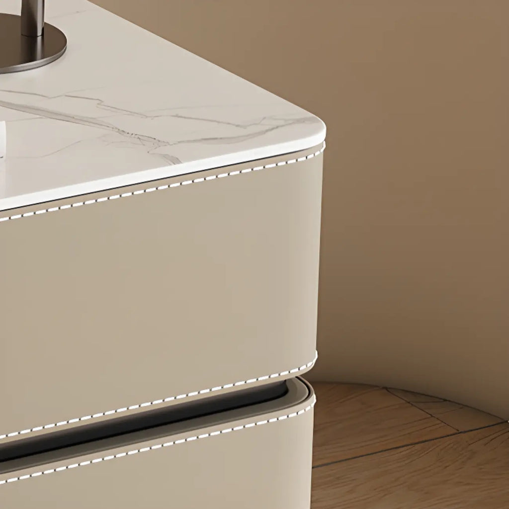 Modern Faux Marble Top Leather Rounded 2-Drawer Nightstand