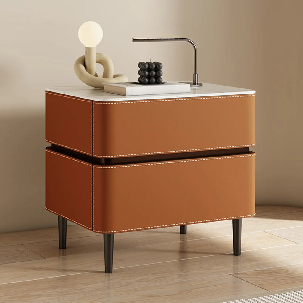 Modern Faux Marble Top Leather Rounded 2-Drawer Nightstand
