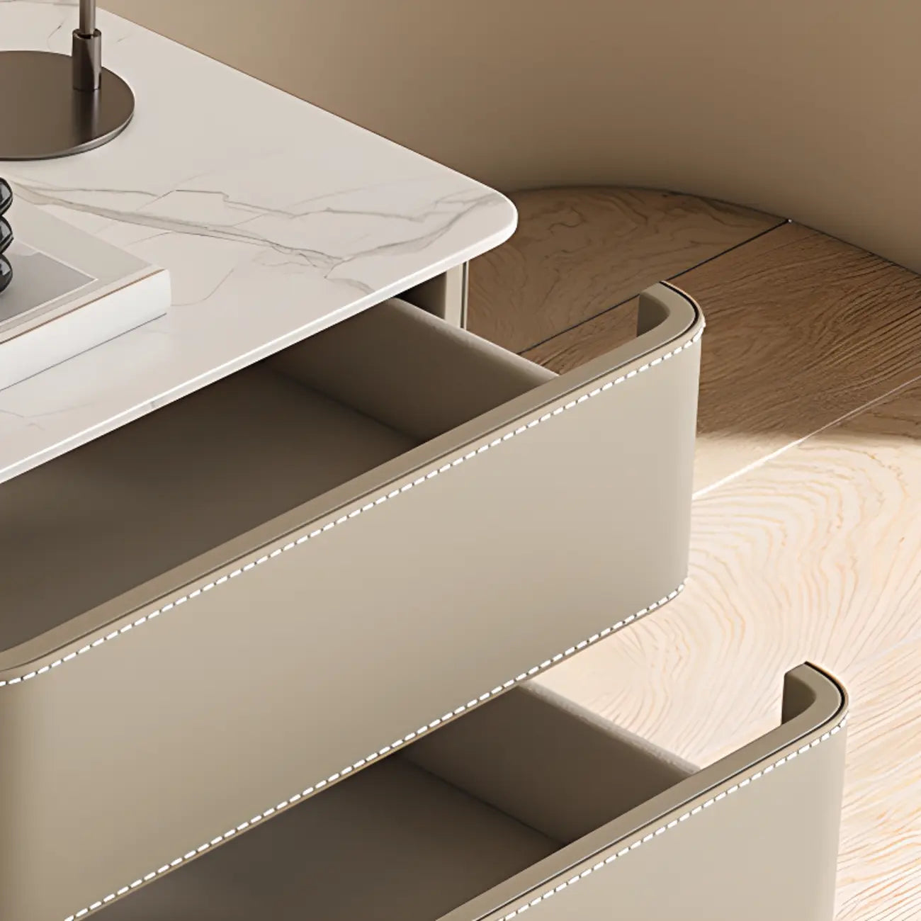 Modern Faux Marble Top Leather Rounded 2-Drawer Nightstand