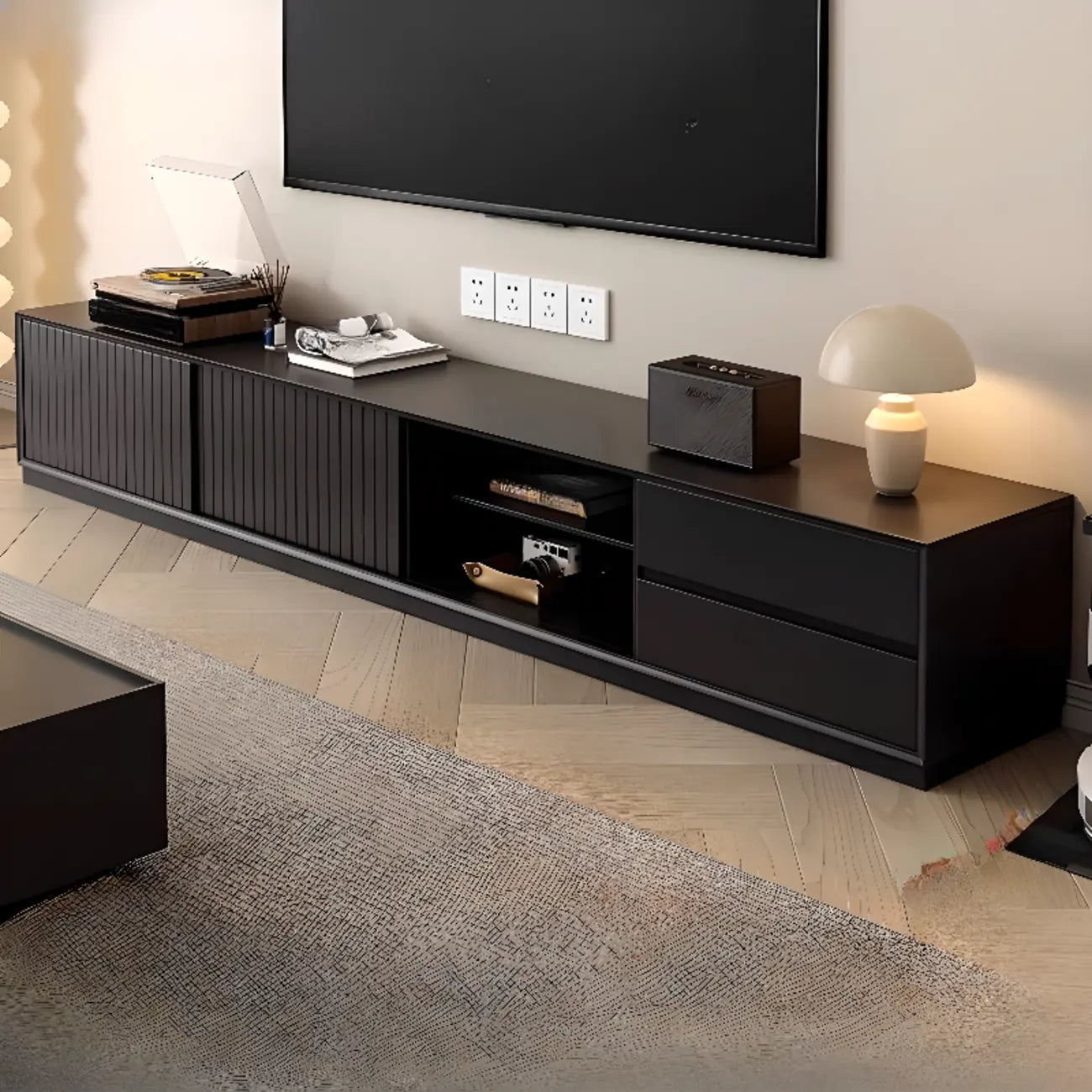 79 Wooden Black Open Storage TV Stand with Sliding Doors