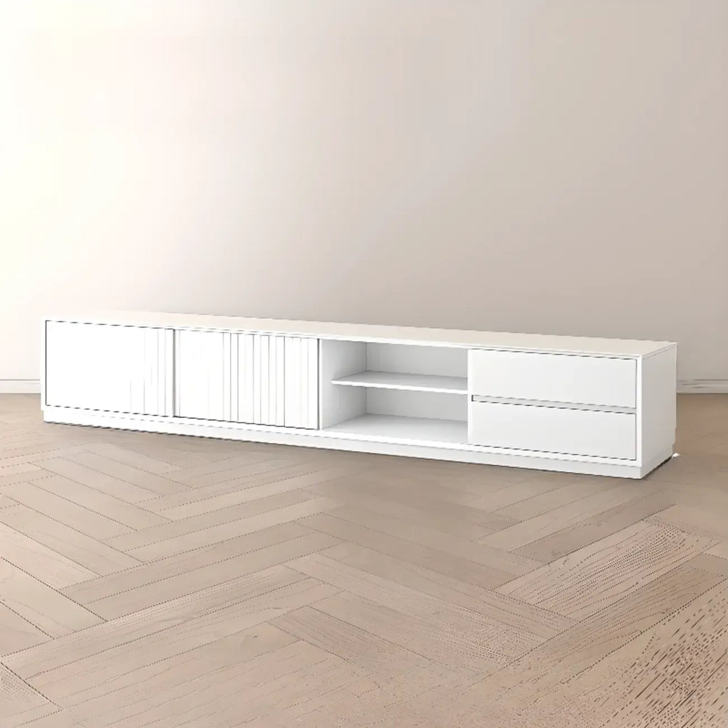 79 Wooden Black Open Storage TV Stand with Sliding Doors