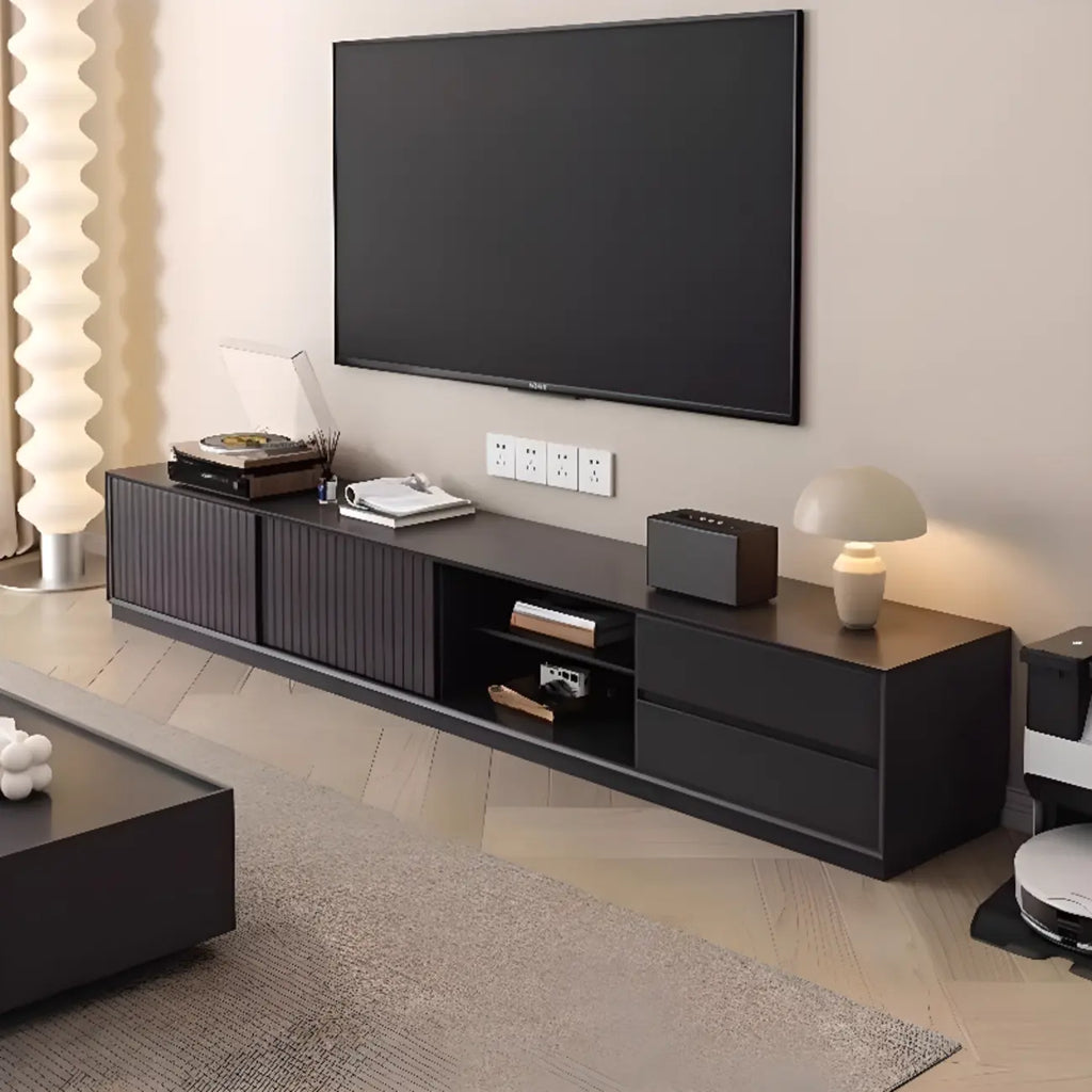 79 Wooden Black Open Storage TV Stand with Sliding Doors