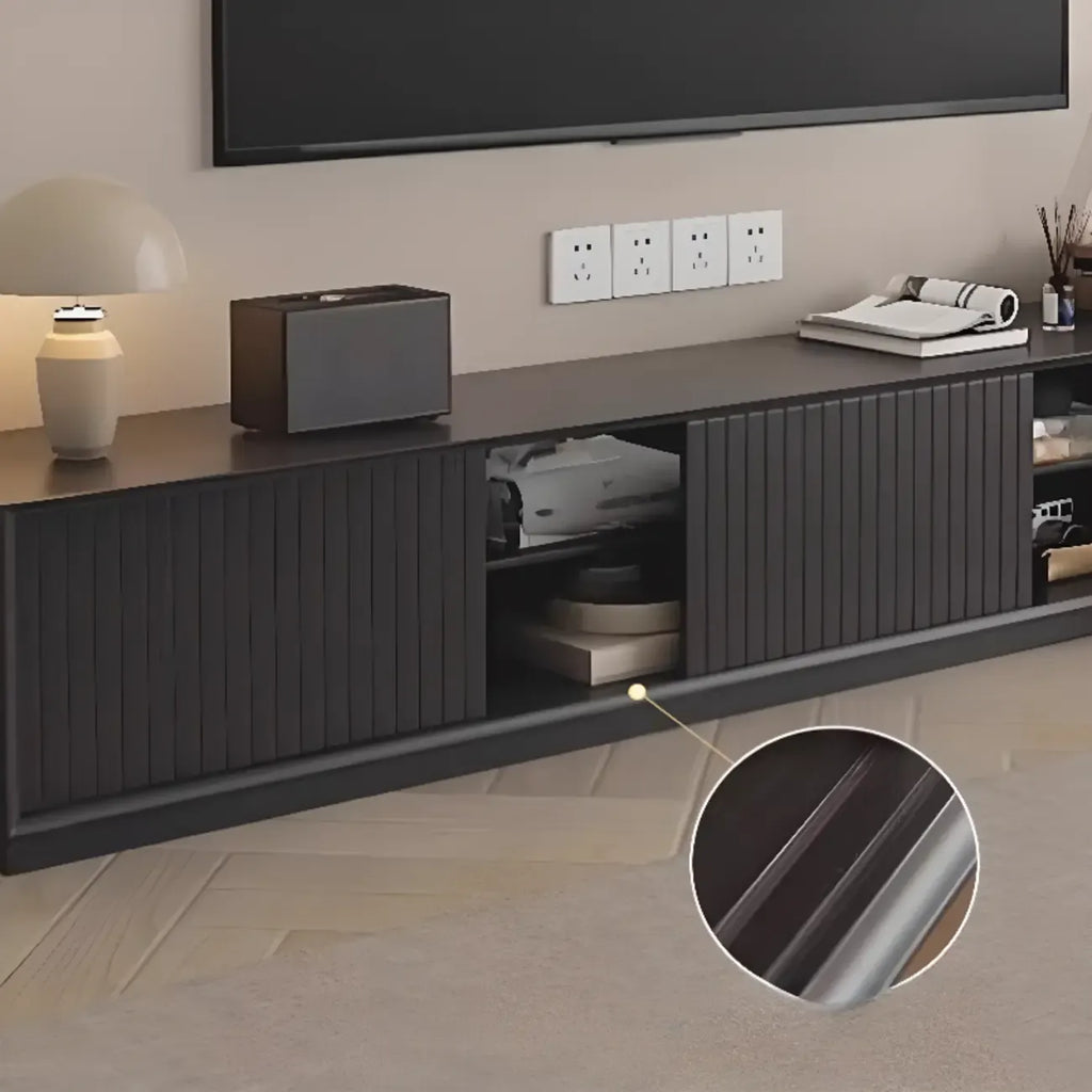 79 Wooden Black Open Storage TV Stand with Sliding Doors