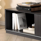 79 Wooden Black Open Storage TV Stand with Sliding Doors
