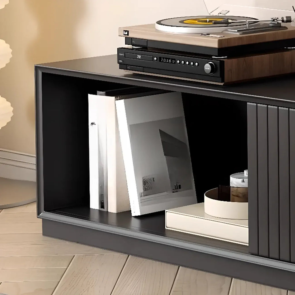 79 Wooden Black Open Storage TV Stand with Sliding Doors