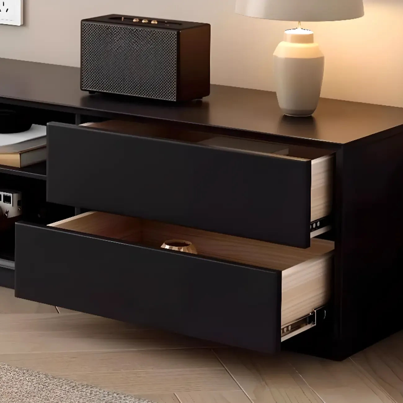 79 Wooden Black Open Storage TV Stand with Sliding Doors