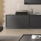 79 Wooden Black Open Storage TV Stand with Sliding Doors