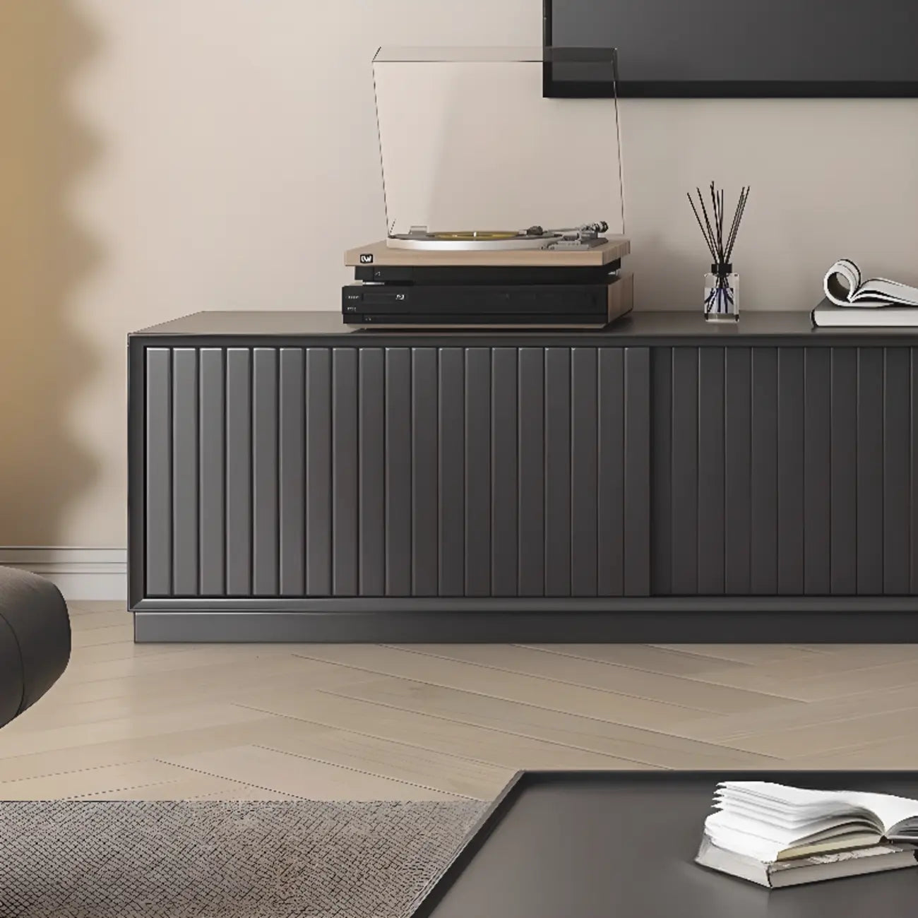 79 Wooden Black Open Storage TV Stand with Sliding Doors