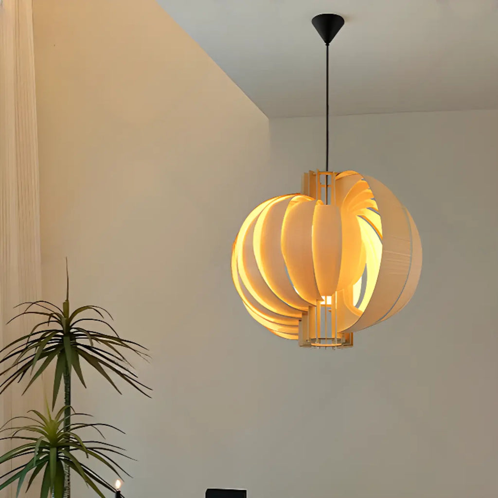 Unique Solid Wood Brown Globe Pendant Light for Indoor